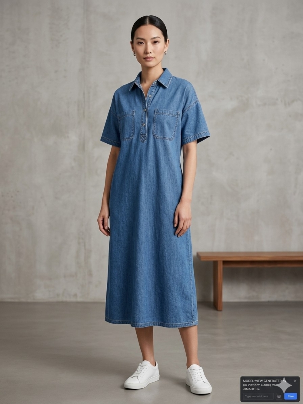 Casual Denim Polo Midi Dress in Blue